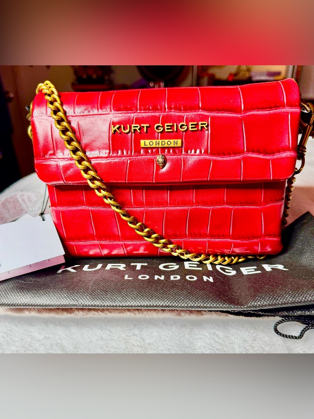Kurt Geiger London Red Croc-Embossed Leather Chain Shoulder Bag